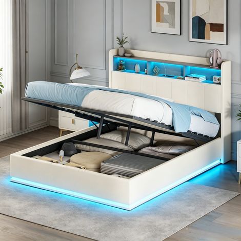 JOOKGBD-Polsterbett Doppelbett 140x200 cm,Jugendbett,Hydraulisches Bett mit Bettkasten und Lattenrost, Staufach-Kopfteil mit LED und USB-Anschlüssen,Samt,ohne Matratze,Weiß