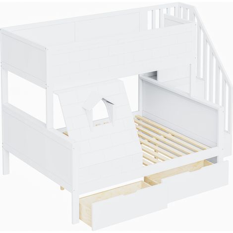 Letto a castello bambino bianco con scala di sicurezza, cassetti e finestra 90 x 200 / 140 x 200 (1/5)