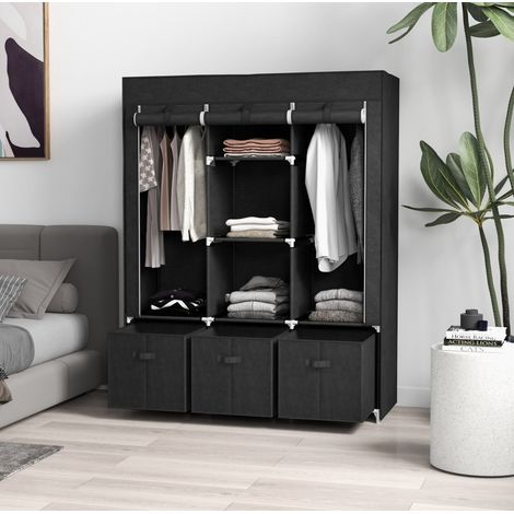 Stoffschrank mit 3 Schubladen 125x43x162,5 cm Schwarz OKMYHOME (1/5)