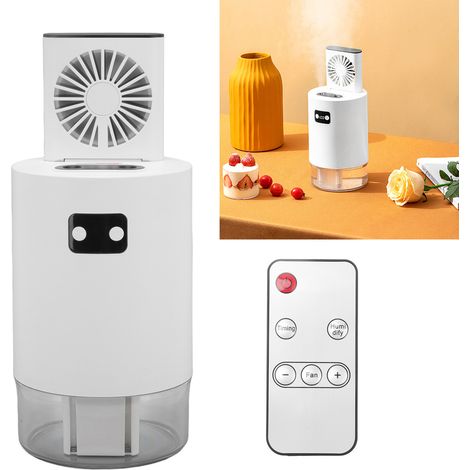 Ventilateur humidificateur de bureau à hauteur réglable, réservoir d'eau grande capacité de 1000 ml, puissance de vent élevée dissimulée, minuterie avec télécommande, souffleur d'air frais, rechargeab (1/5)