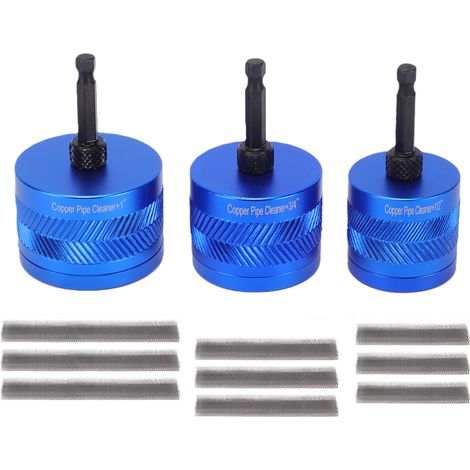 Ensemble de cure-tuyaux en cuivre 1/2", 3/4", 1" Brosse de nettoyage pour fixation de perceuse enlève l'oxyde de rouille Arbre hexagonal robuste Préparation au soudage de plomberie Bleu 9 pièces Rempl (1/5)
