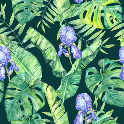 Tela decorativa para exteriores Oxford - motivo de flores moradas sobre hojas verdes I DR179 (1/5)