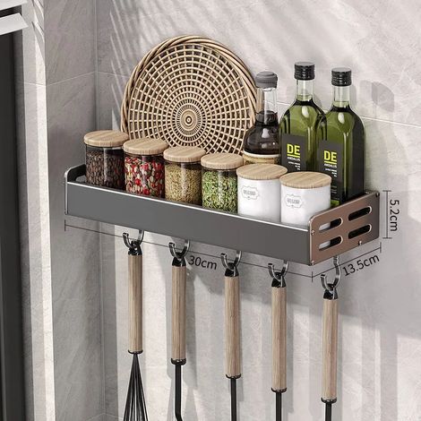 (30 cm A) Étagère de rangement murale multifonctionnelle en aluminium spatial couleur canon de fusil, sans perçage, porte-couteaux à épices, porte-essuie-tout et planche à découper. (1/5)
