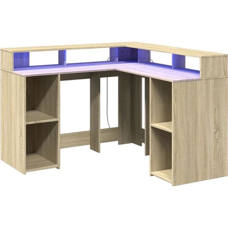 Bureau table poste de travail meuble d'ordinateur informatique étude avec lumières LED chêne sonoma bois d'ingénierie brun (1/5)