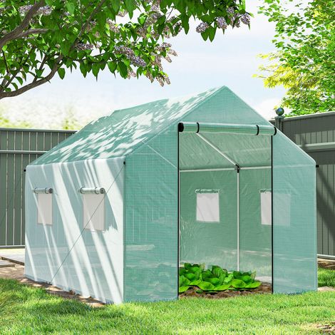 Serre tunnel 2x3x2 Vert m portes fenêtres roulantes toit pente acier PE