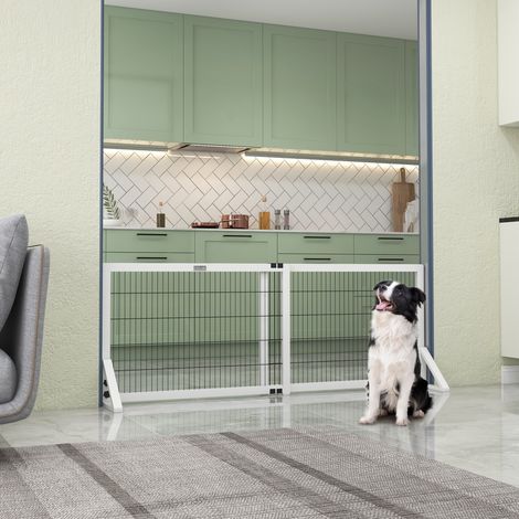Barrière sécurité chien 2 panneaux largeur réglable 101-181 cm, bois/acier blanc, grande et modulable protection XXL (1/5)