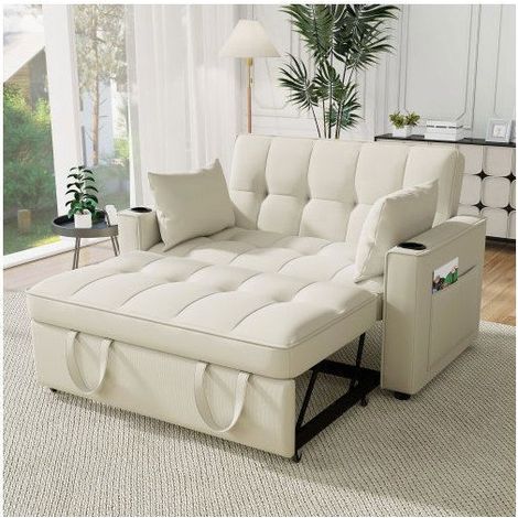 Banquette-Lit 163x137x83cm Velours Beige, Canapé-lit 2 places avec Porte-Gobelets, Dossier Inclinable et 2 Coussins (1/5)