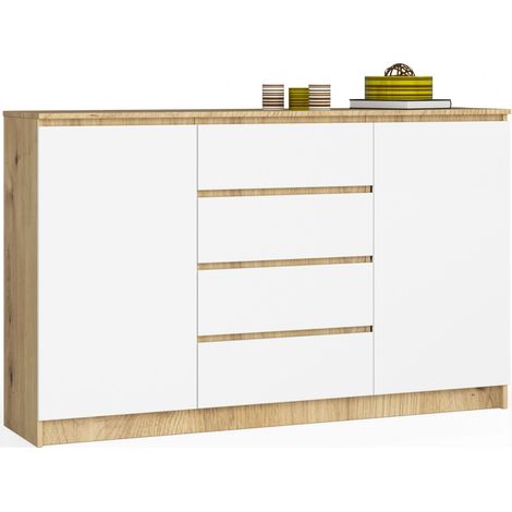 Grande Commode pour le salon AKORD K160 Chêne Artisan 160 cm 2 portes 4 tiroirs façade Blanche 4 étagères 160x40x99 cm