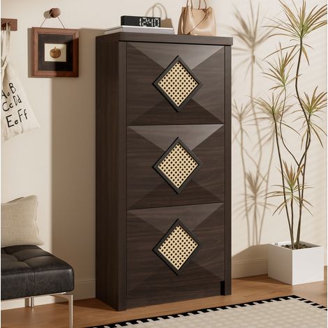 Schuhschrank 54x25x115 cm, mit 3 Klappfächern, platzsparend, Rattan-Dekor, Spanplatte, Holzoptik (1/5)