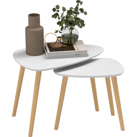 Nesting Coffee Table, Set of 2 Side Tables, Stacking End Tables with Solid Wood Legs, for Living Room Bedroom, Light Grey