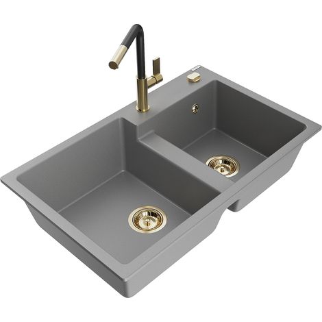 Mexen Tomas 2-Becken-Granitspüle mit Mischbatterie Flora, Grau - 6516-71-670401-57-G