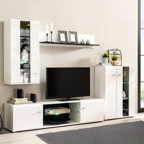 Wohnwand Ozzero, Modulares Wohnzimmermöbel, 7 Regale, 4 Türen, 264x41,5x182h cm Mattweiß (1/5)