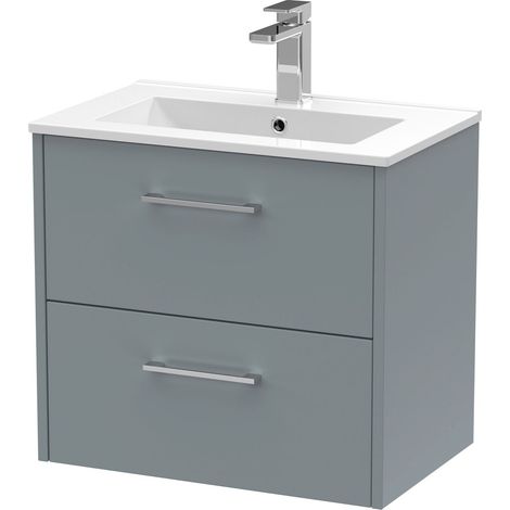 Winshill Contemporary 2 Drawer Wall Hung Vanity Unit with Minimalist Basin, Grey, 600mm