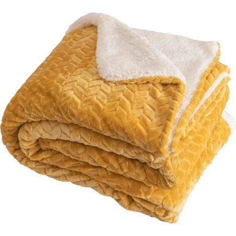 Chevron-Sherpa-Decke, Senfgelb, L.180 x B.220 cm Centrale Brico