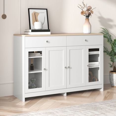 Sideboard, 120x37x80 cm, con dos cajones, cuatro puertas y estantes regulables, MDF, blanco y madera (1/5)