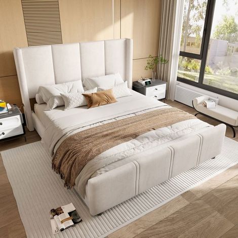 Cadre de lit 140x200 cm avec tête et pied de lit hauts, port USB certifié, structure mixte acier et bois, stable et durable, Beige (1/5)