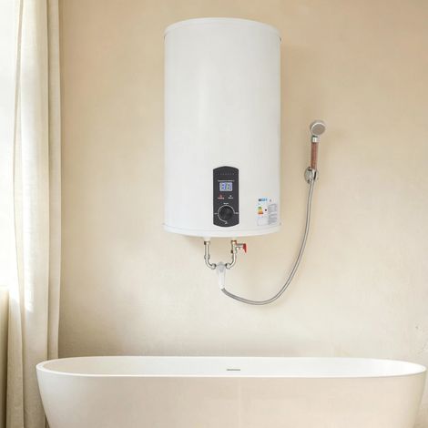 HAUTOUR Chauffe-eau électrique 70 L 2000 W IPX4 Chauffe-eau électrique 220 V LED vertical Chauffe-eau numérique avec robinet 35-75 °C Plage de contrôle de la température, pour salle de bain, cuisine (1/5)