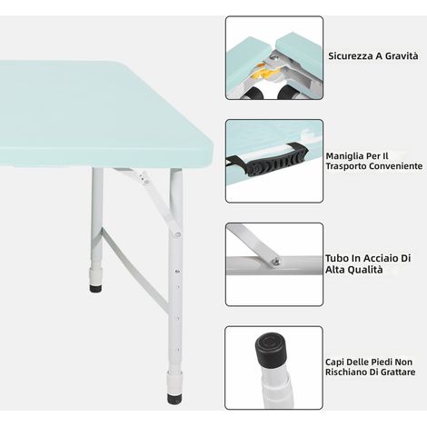 Tavolo pieghevole portatile 125 cm con maniglia, altezza regolabile per interni ed esterni, capacità 135 kg, multifunzionale per campeggio picnic feste, colore blu (1/5)