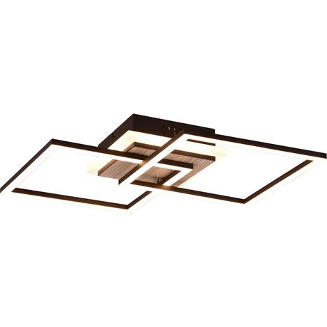 GIRO PLAFONIERA LED DOPPIO QUADRATO METALLO NERO CON BASE ILLUMINATA EFFETTO LEGNO CON TELECOMANDO MULTIFUNZIONE L. 57,5CM DIMMERABILE (1/3)