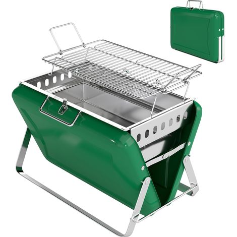 Tragbarer, faltbarer Holzkohlegrill mit Griff und klappbaren Beinen, grün, für Garten, Terrasse, Camping