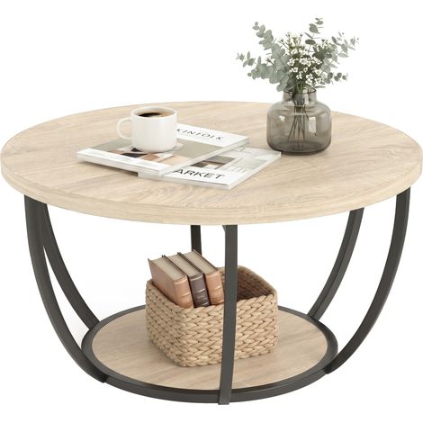 HOMCOM mesa de centro, mesa de café redonda para salón con estante de almacenaje y marco de metal, 80x80x43,8 cm, roble (1/5)
