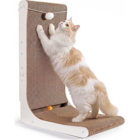 Griffoir Chat Carton en Forme de L 68cm, Épais avec Boules en Peluche et à Grelot, Grande Taille à Fixer au Mur, Jouet pour Protéger Meubles (1/5)