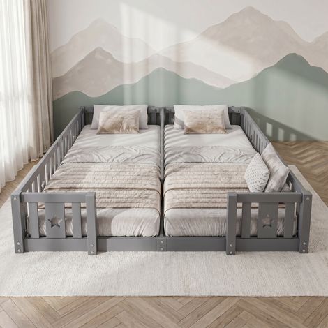 Lit Enfant 90x200 cm, Cadre en bois massif, Lit Double au Sol avec Barrière, Sans Sommier à Lattes, Motif Étoiles, Gris, pour 2 Enfants
