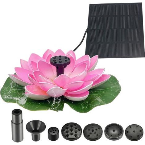Fontaine flottante en forme de lotus à énergie solaire avec 6 buses, idéale pour les bains d'oiseaux, les bassins, les jardins et les terrasses. (1/5)