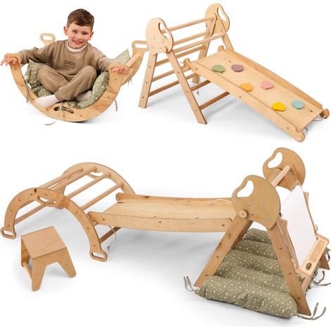 5-in-1 Klettergerüst aus Holz mit Rutsche – Montessori Kletterdreieck für Kinder ab 1 Jahr, Indoor-Spielplatz & Aktivitäts-Set für Kleinkinder