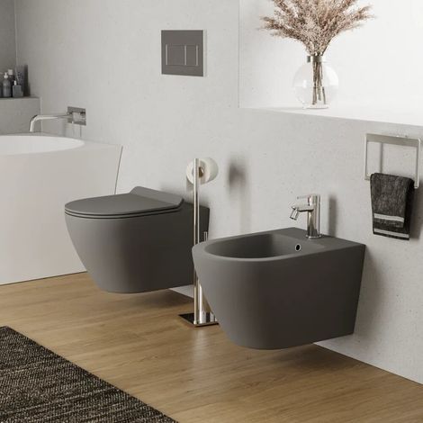 Sanitari sospesi in ceramica grigio opaco vaso rimless sedile soft close e bidet Sydney (1/4)