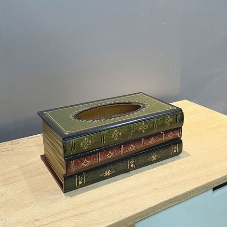 Kreative Holz-Taschentuchbox in Buchform, Vintage-Stil, 25,5 x 14,5 x 10,3 cm, Farbe Grün.