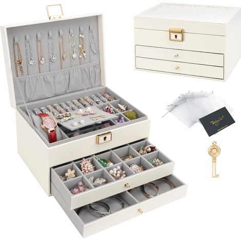 Boîte à bijoux, Organisateur de bijoux avec 2 tiroirs, Boîte de rangement de bijoux en cuir à 3 couches avec serrure, Coffret à Bijoux pour collier, d'oreille, bracelet, Beige (1/5)
