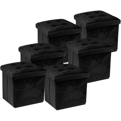 Pouf de rangement - JUANIO - 38x38x38 cm - velours noir - couvercle amovible - lot de 6 (1/4)