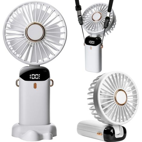 Ventilateur à main pliable, 4000 mAh USB portable avec 5 vitesses réglables, écran LED, avec base de bureau, aromathérapie, pour filles, voyage, blanc (1/5)