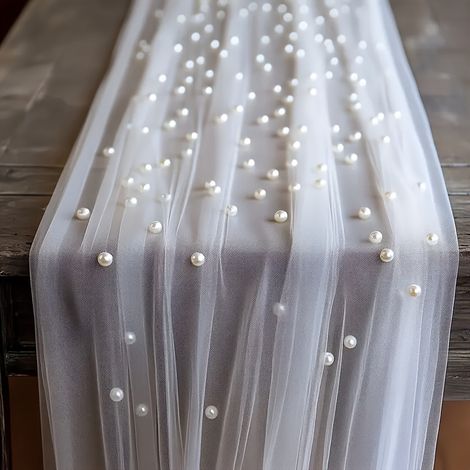 Nappe romantique en tulle blanc nacré, design élégant, 80 cm x 300 cm (1/4)