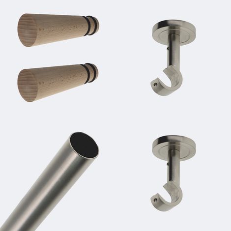Kit de tringle à rideaux Nickel Mat 150cm Diam.20mm Embout Cône Bois - Fixation Plafond - Boulet (1/3)