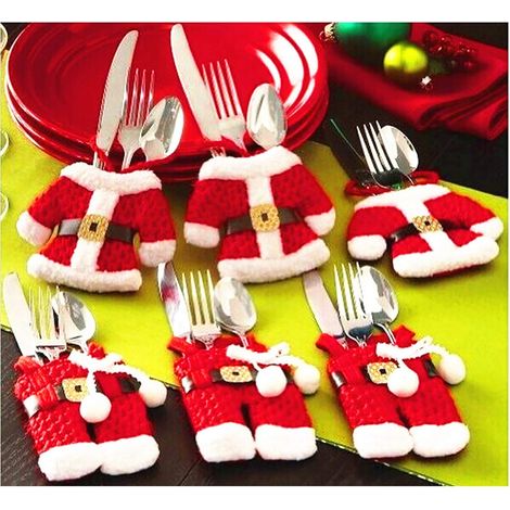 Décorations de table 4pcs Christmas Cutlery Holders Pockets Knifes Forks Red Bag Santa Suit Xmas Party Dinner Decoration Novelty Decorations (1/5)