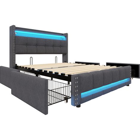 Letto matrimoniale imbottito 160 x 200 cm con LED, USB, contenitori e 4 cassetti, grigio (1/5)
