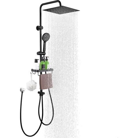 AIHOM Colonne de Douche Pluie sans Robinet en acier inoxydable Noir Ensemble de Douche Murales Réglables Système Pluie avec Pommeau de douche, Étagère et Douchette (30x30 CM)