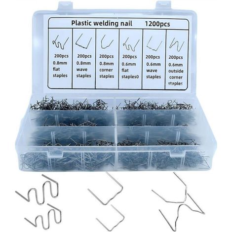 Kit de soudage plastique automobile 1 200 pièces, 6 formes assorties, baguettes de soudage par points chauds de 0,6 à 0,8 mm avec boîte de rangement, kit de réparation par points (1/5)
