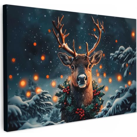 TABLEAU SUR TOILE Cerf - Noël - Hiver - Neige - Couronne de Noël Toile Peinture Grand Format XXL 150x100 cm