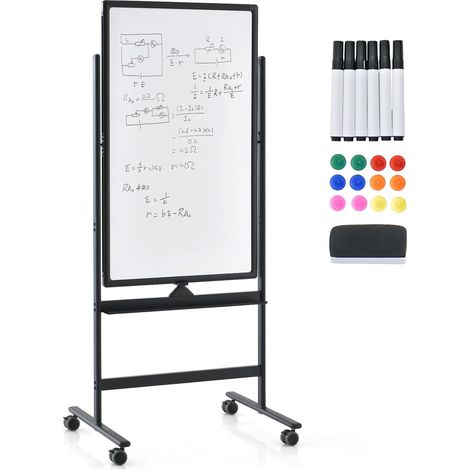 GOPLUS Lavagna Magnetica con 4 Ruote, Lavagna Bifacciale con Set di Accessori, Cancellabile a Secco, Lavagna Mobile Regolabile in Altezza, per Scuola, Ufficio, Casa (60 x 100cm, Nero)