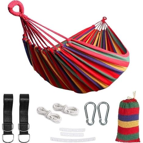 Hamac double 260x150 cm, grand hamac brésilien pour 2 personnes avec nœud métallique de suspension, charge maximale 300 kg, idéal pour le camping (1/5)