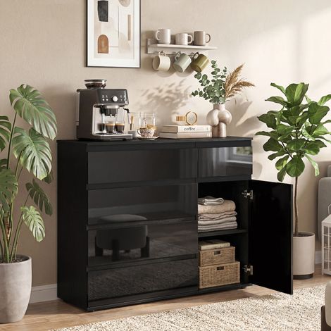 Buffet moderne, buffet de rangement avec 5 tiroirs, étagère réglable, porte à fermeture amortie, noir laqué brillant (1/5)
