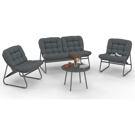 Gartenmöbel ARONA niedrig 4-Sitzer aus anthrazitgrauem Metall und grauen Kissen mit Sofa, Sessel und Tisch (1/5)