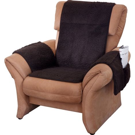 Protège-Fauteuil en Laine Vierge avec protège-accoudoirs, Marron, Poils 100% Laine Vierge, Partie Centrale env. 160 x 50 cm, protège-accoudoirs env. 60 x 40 cm (1/2)