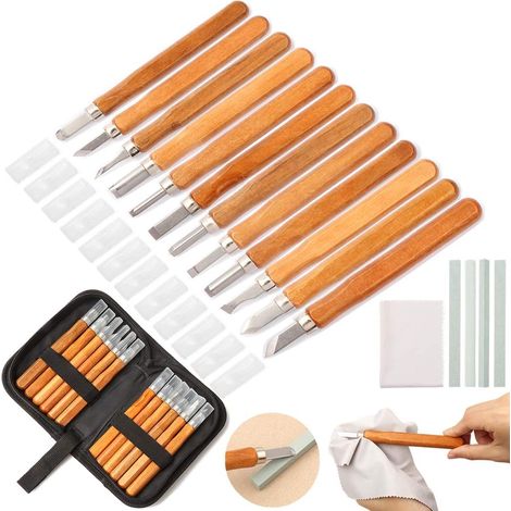 Kit d'outils de sculpture sur bois, 12 pièces, avec pierre à aiguiser et sac de rangement