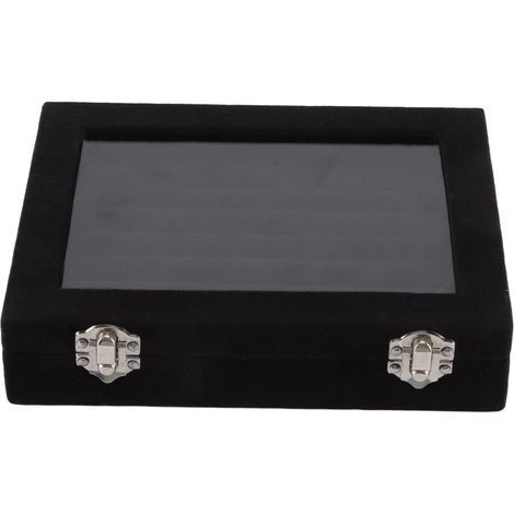 Boîte de présentation pour bijoux 7 compartiments velours avec couvercle transparent pour bagues, colliers et boucles d'oreilles noir