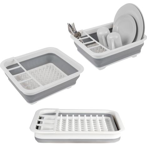 Escurridor de platos plegable con soporte para utensilios: perfecto para el hogar o para acampar, resistente a desgarros, diseño que ahorra espacio, patas antideslizantes, color gris. (1/5)