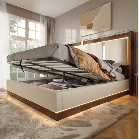Lit double 180x200 rembourré avec sommier, LED et coffre hydraulique, beige et noyer (1/5)